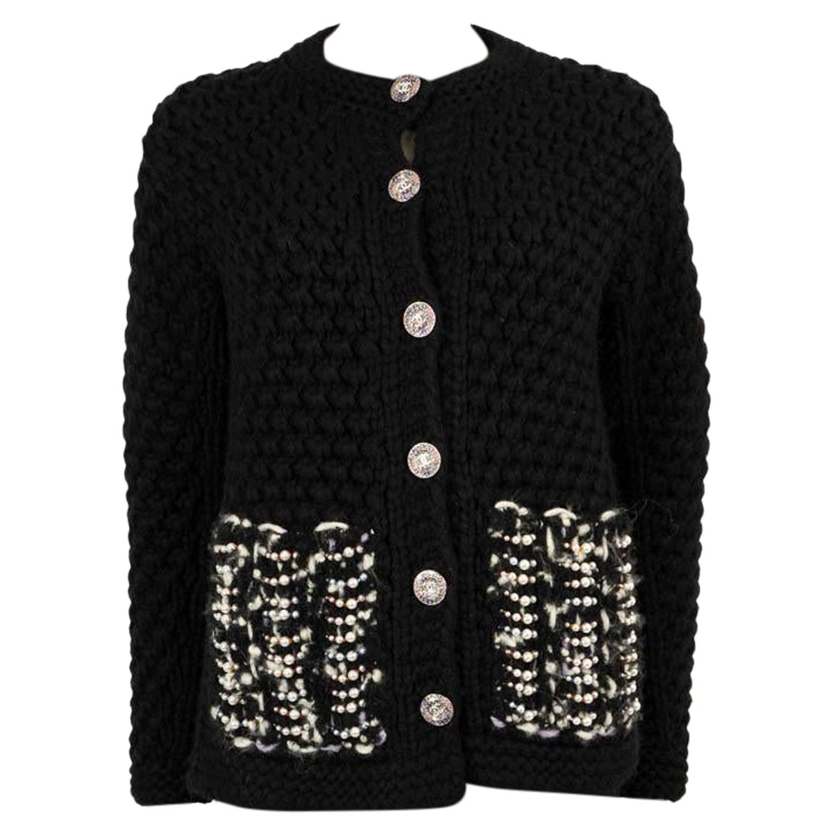 CHANEL black wool 2022 22A FLORENCE PEARL KNIT Jacket 34 XXS For Sale