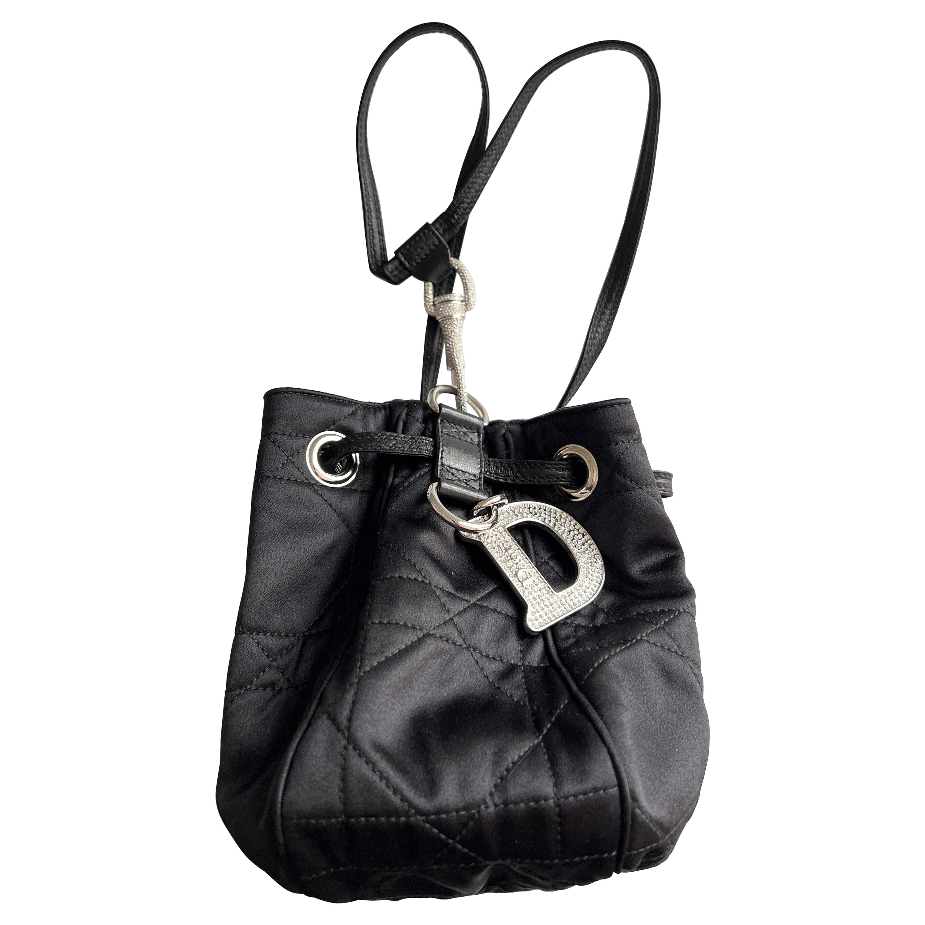 Vintage Dior Drawstring Cannage Satin Small Bucket Bag For Sale