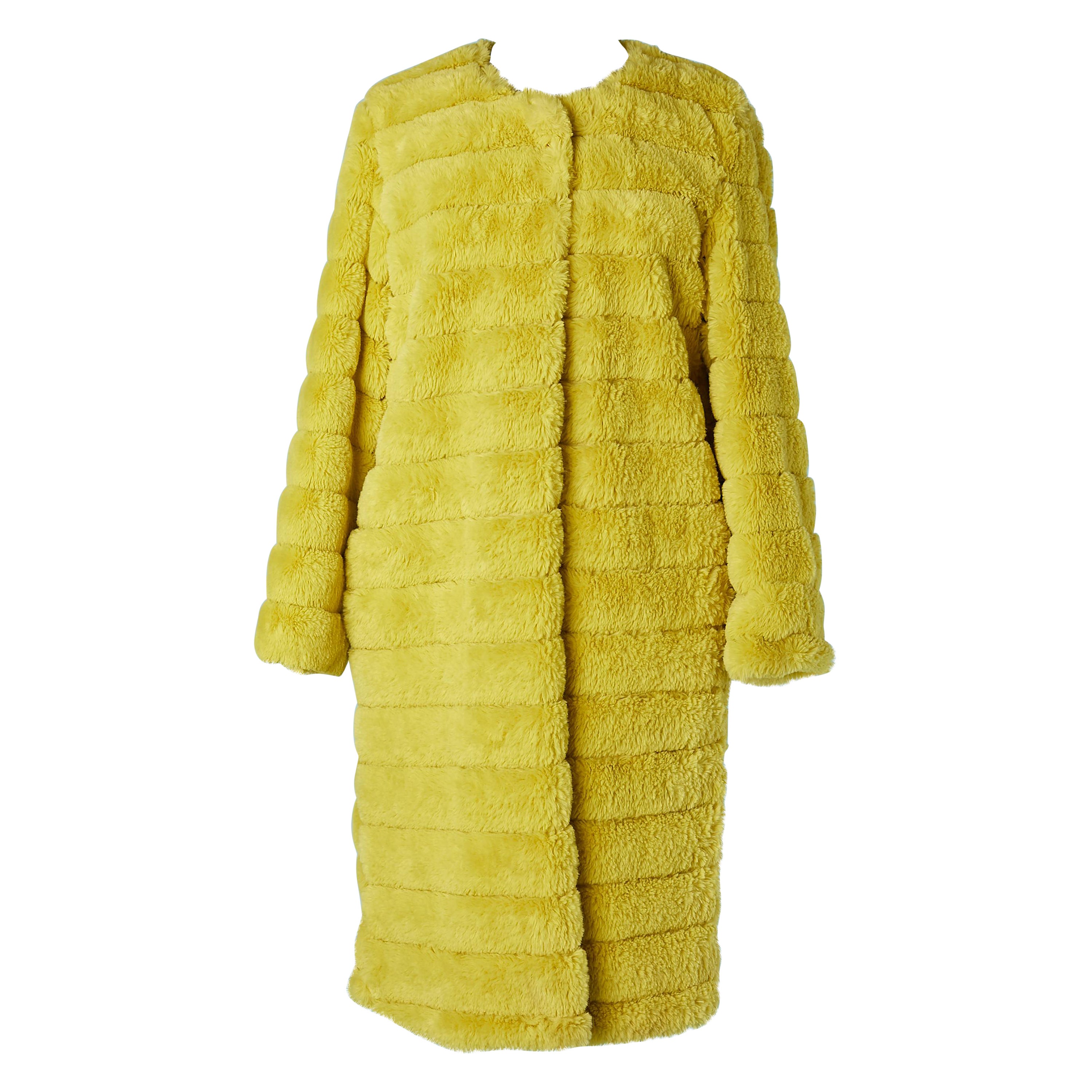 Yellow faux fur edge to edge coat with laser cut and pocket on both side 