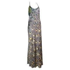 Retro Roberto Cavalli Fall 1999 Peacock Print Bias Cut Silk Gown 