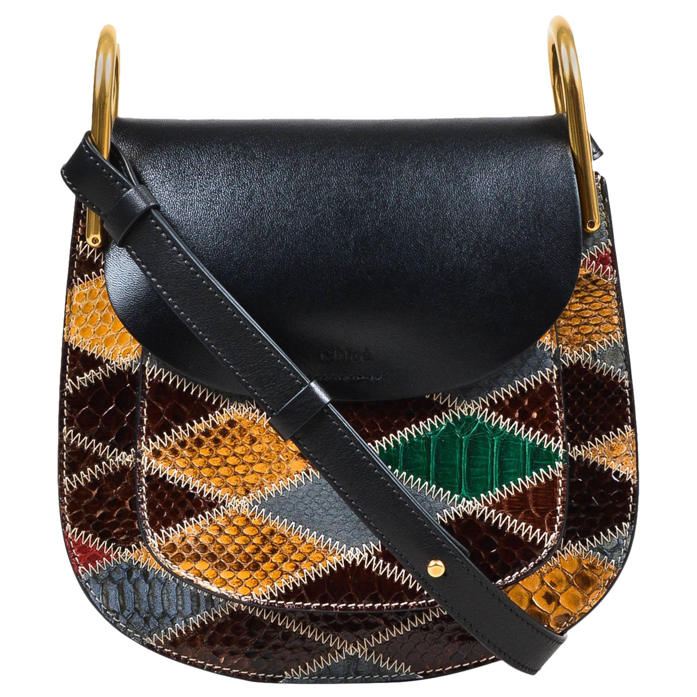 Chloe NWT $3250 Black Green Maroon Leather Python "Hudson" Bag For Sale