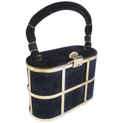 Vintage 1960s Handbag Navy Blue Suede and Gold Cage Box Purse 