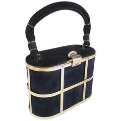 1960s Handbag Navy Blue Suede and Gold Cage Box Purse 10