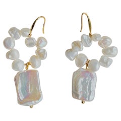 Natural White Irregular Pearls Rectangle Circle Pendant Hoop Drop Gold Earrings