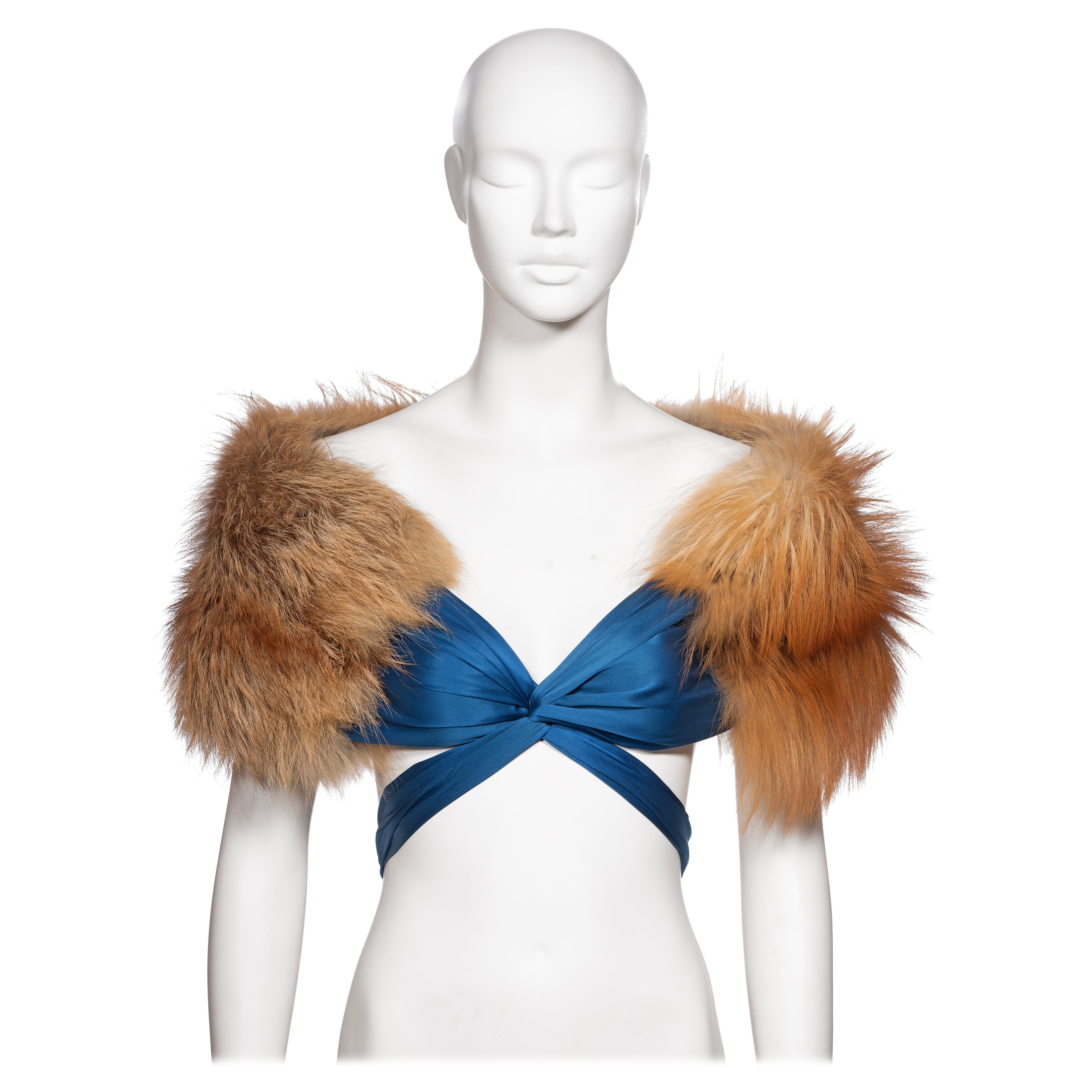 Yves Saint Laurent by Tom Ford Golden Fox Fur and Blue Silk Stole, FW 2003 For Sale