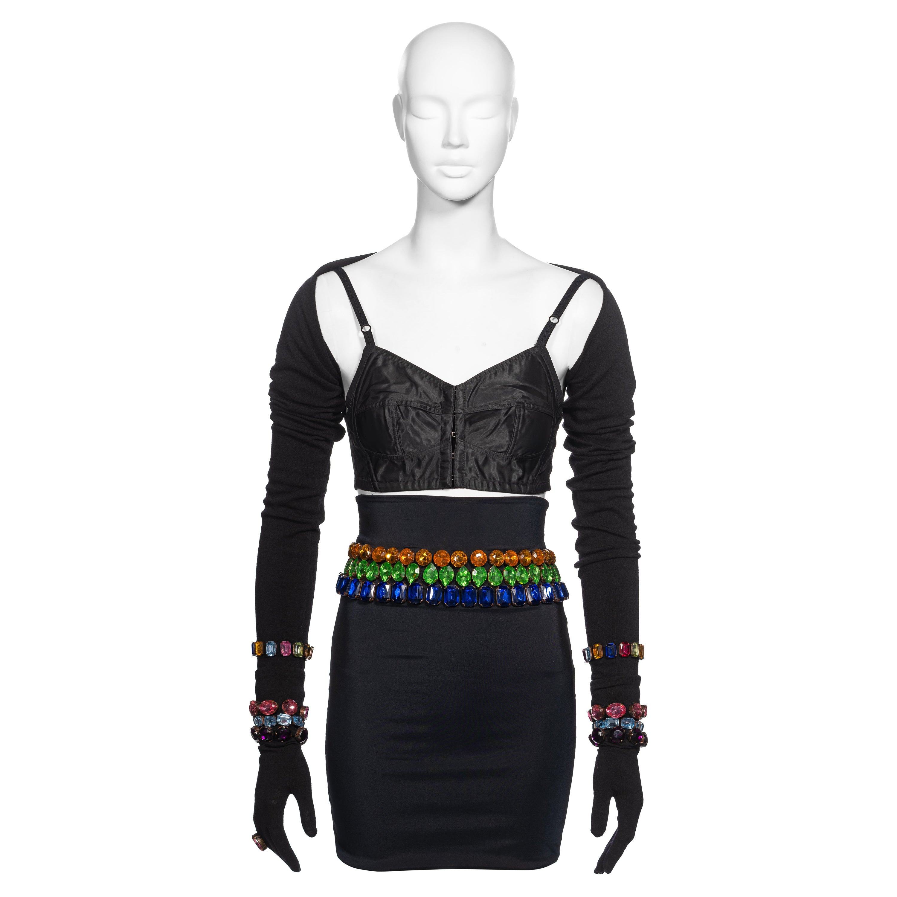 Dolce & Gabbana Black Crystal Adorned Corset, Skirt, Shrug and Gloves, FW 1991 For Sale