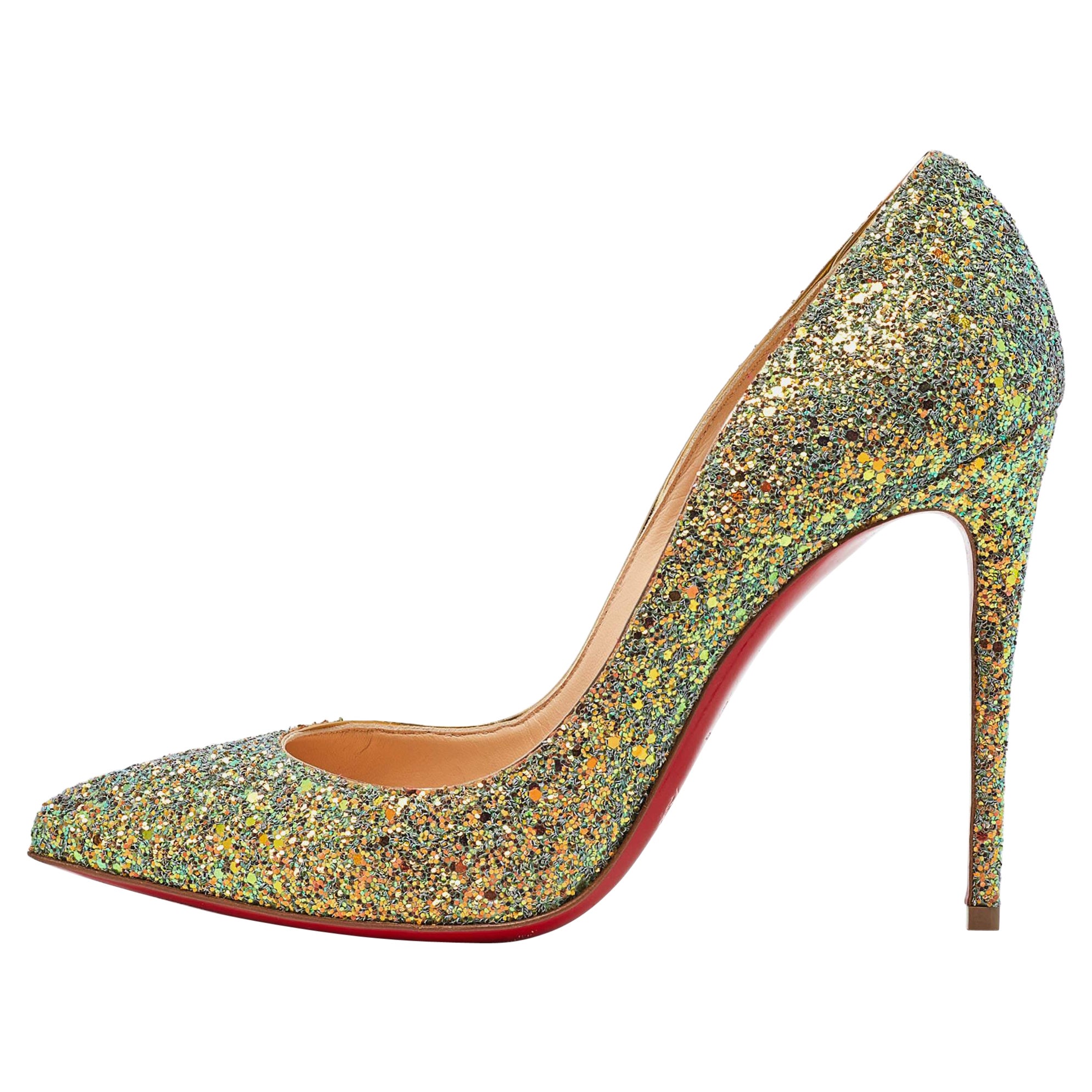 Christian Louboutin Gold/Green Glitter Pigalle Follies Pumps Size 40.5 For Sale