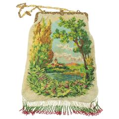 1910 Large Scenic Castle By The Lake Steel Bead Purse