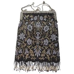 Antique 1920s Sterling Rare Black Gold Gray Baroque Style Beaded bag