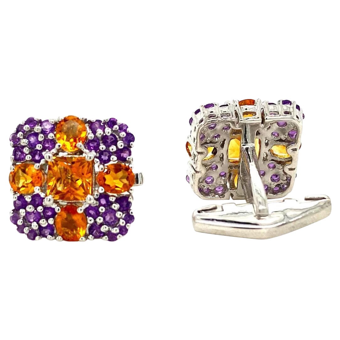 Cross Citrine and Amethyst Square Shape Cufflinks in 925 Sterling Silver For Sale