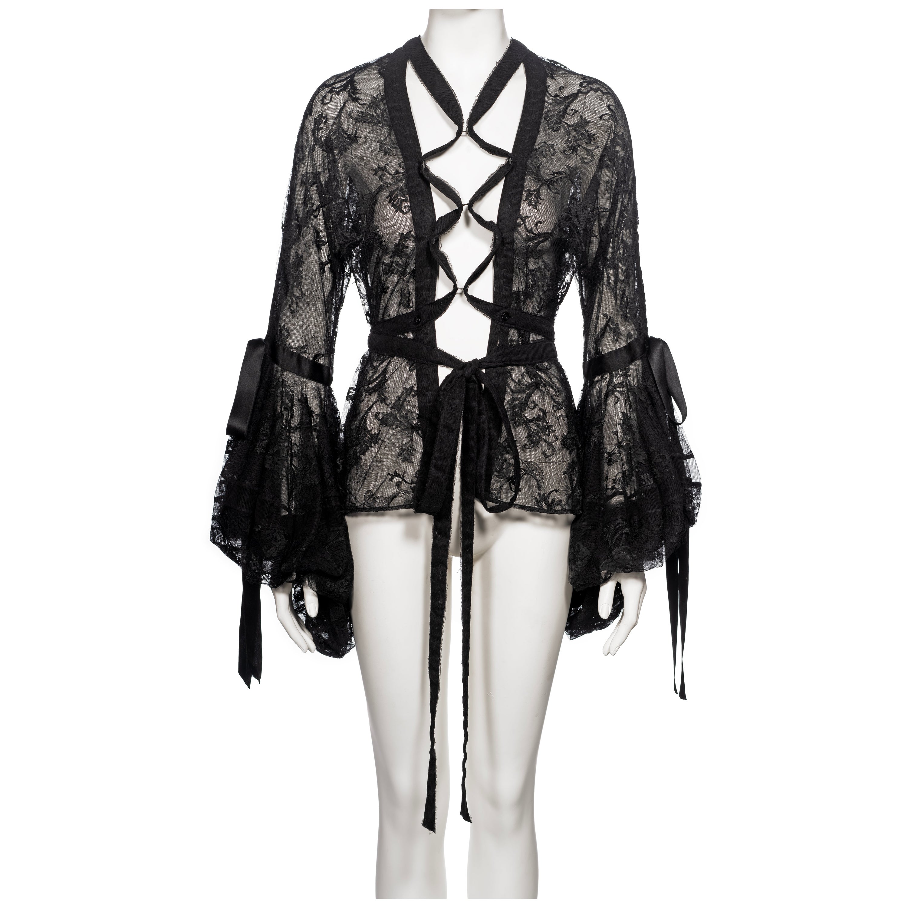Yves Saint Laurent by Tom Ford Black Lace and Silk Ribbon Blouse, FW 2002 For Sale