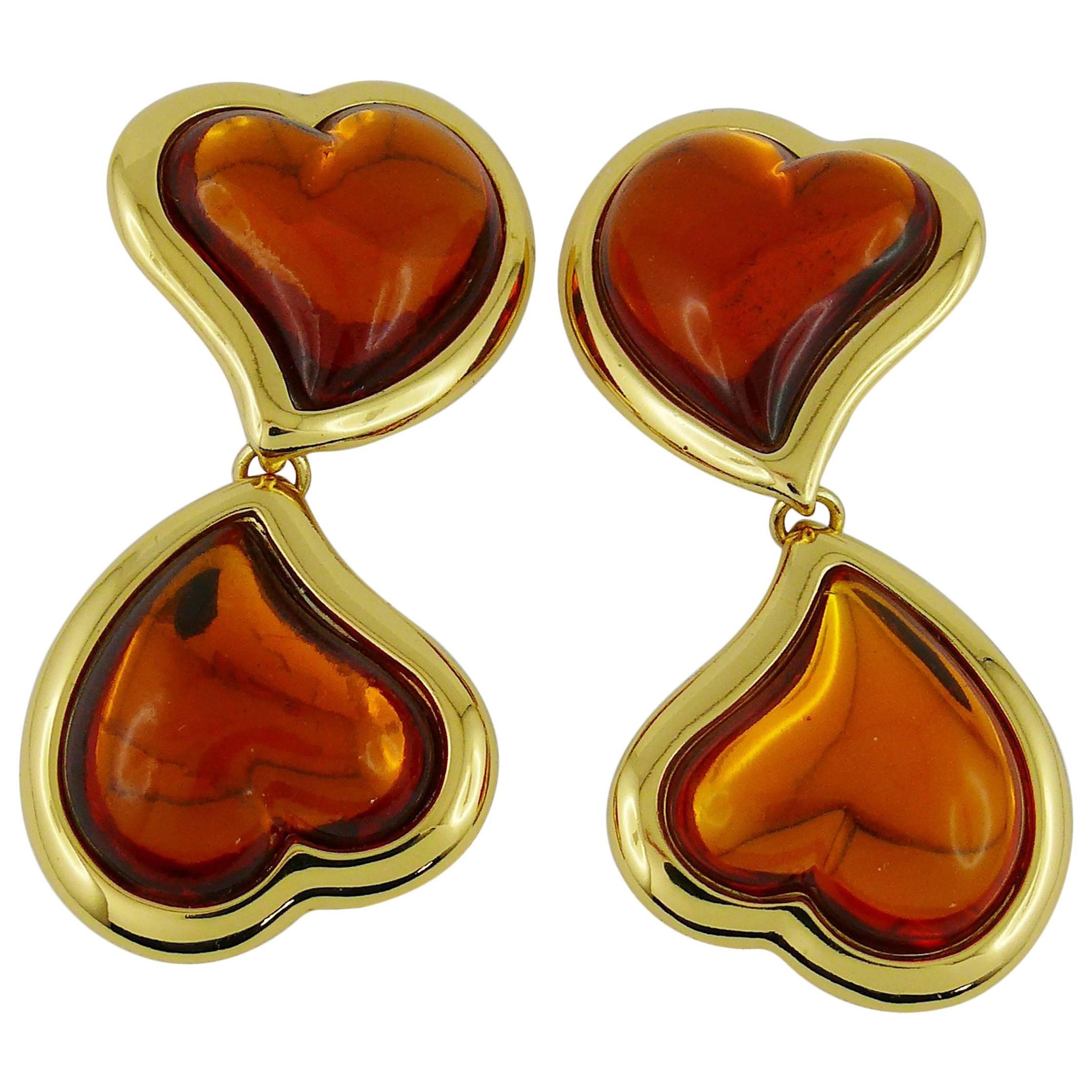 Yves Saint Laurent YSL Vintage Double Heart Dangling Earrings