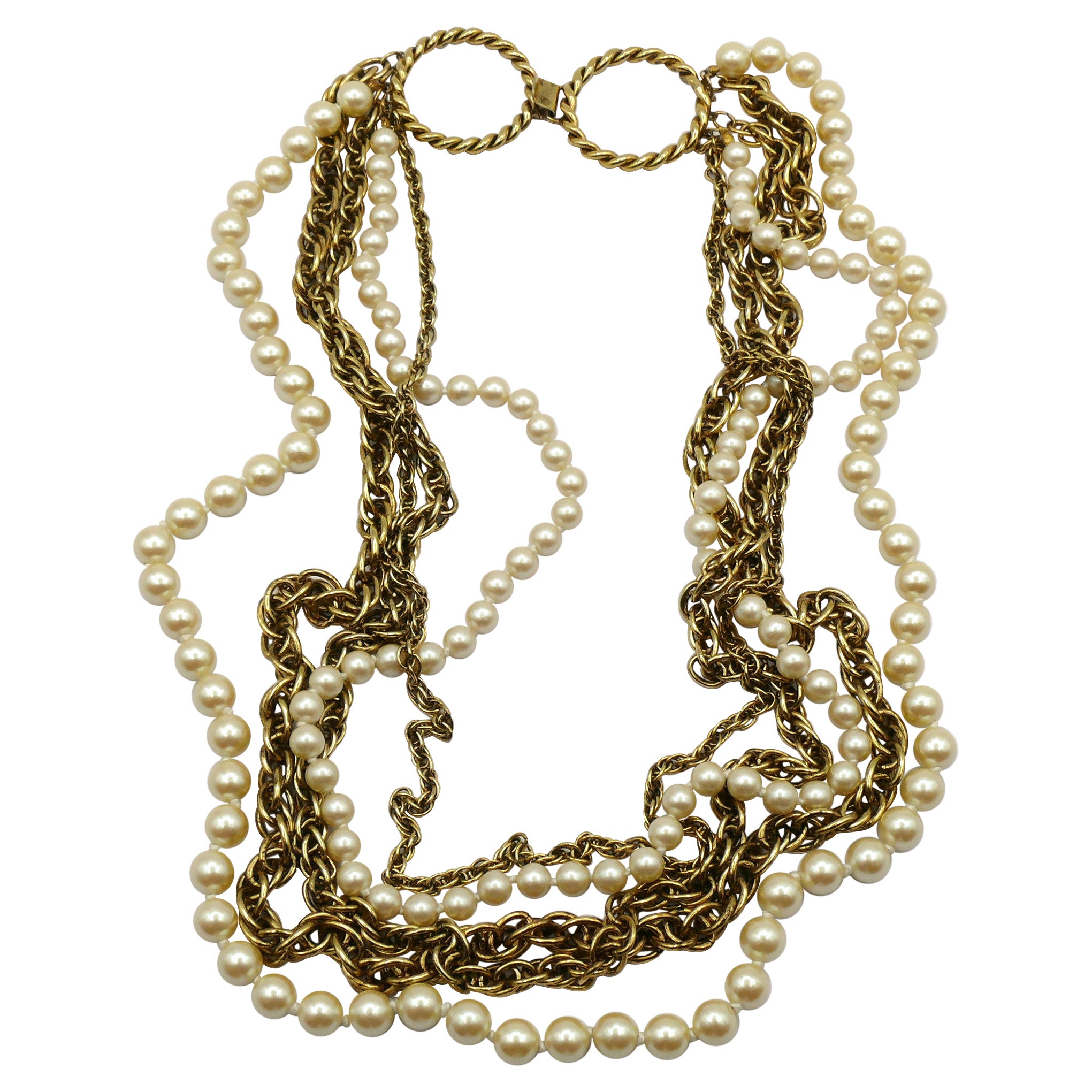 MOSCHINO Vintage Multi-Strand Gold Tone Chain & Pearl Necklace For Sale