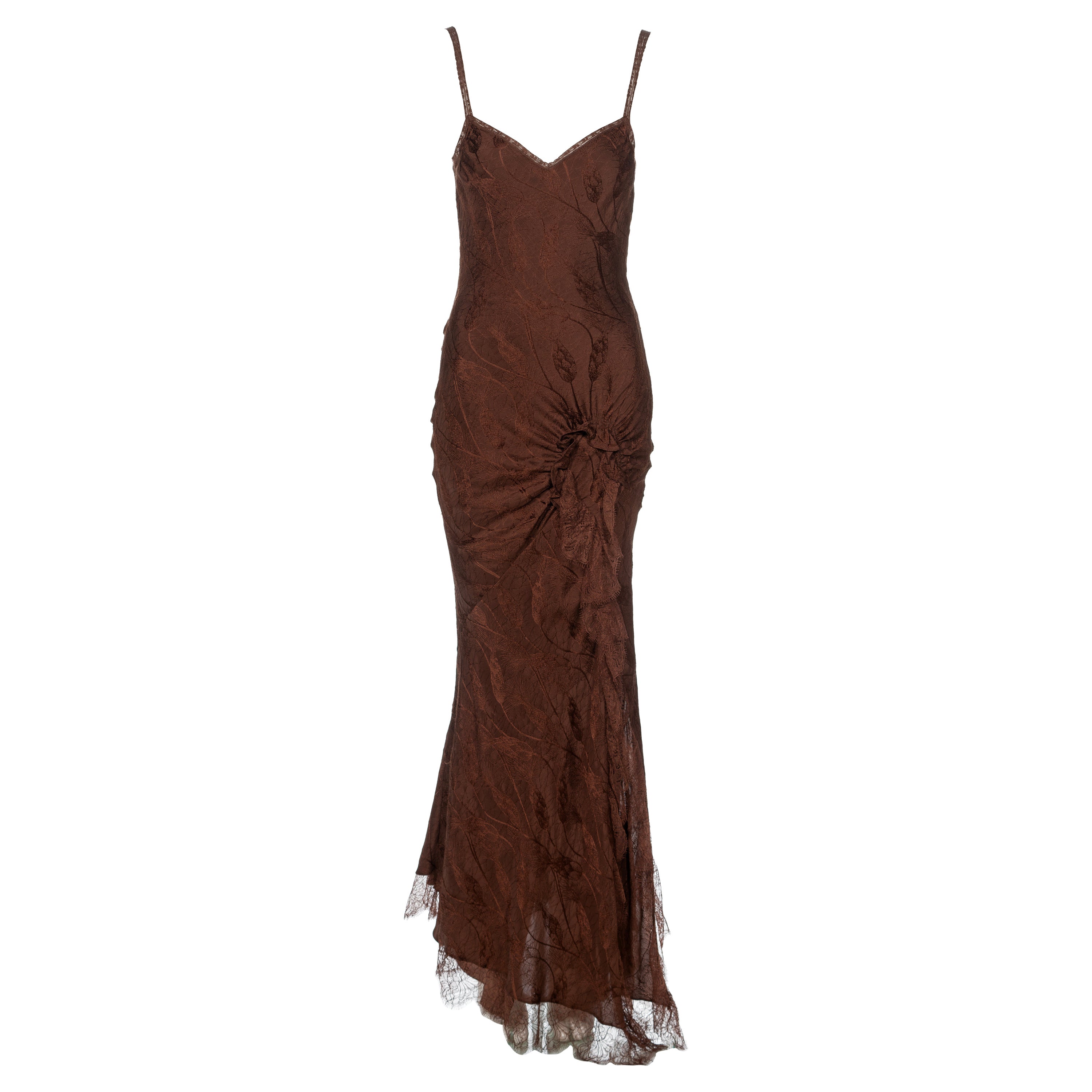 John Galliano Brown Silk Jacquard and Lace Evening Slip Dress, FW 2005 For Sale