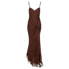 Vintage John Galliano Brown Silk Jacquard and Lace Evening Slip Dress, FW 2005