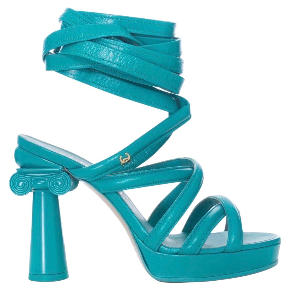 Chanel Turquoise Green Grecian Column Platform Wrap-Up Sandals Cruise 2018 For Sale