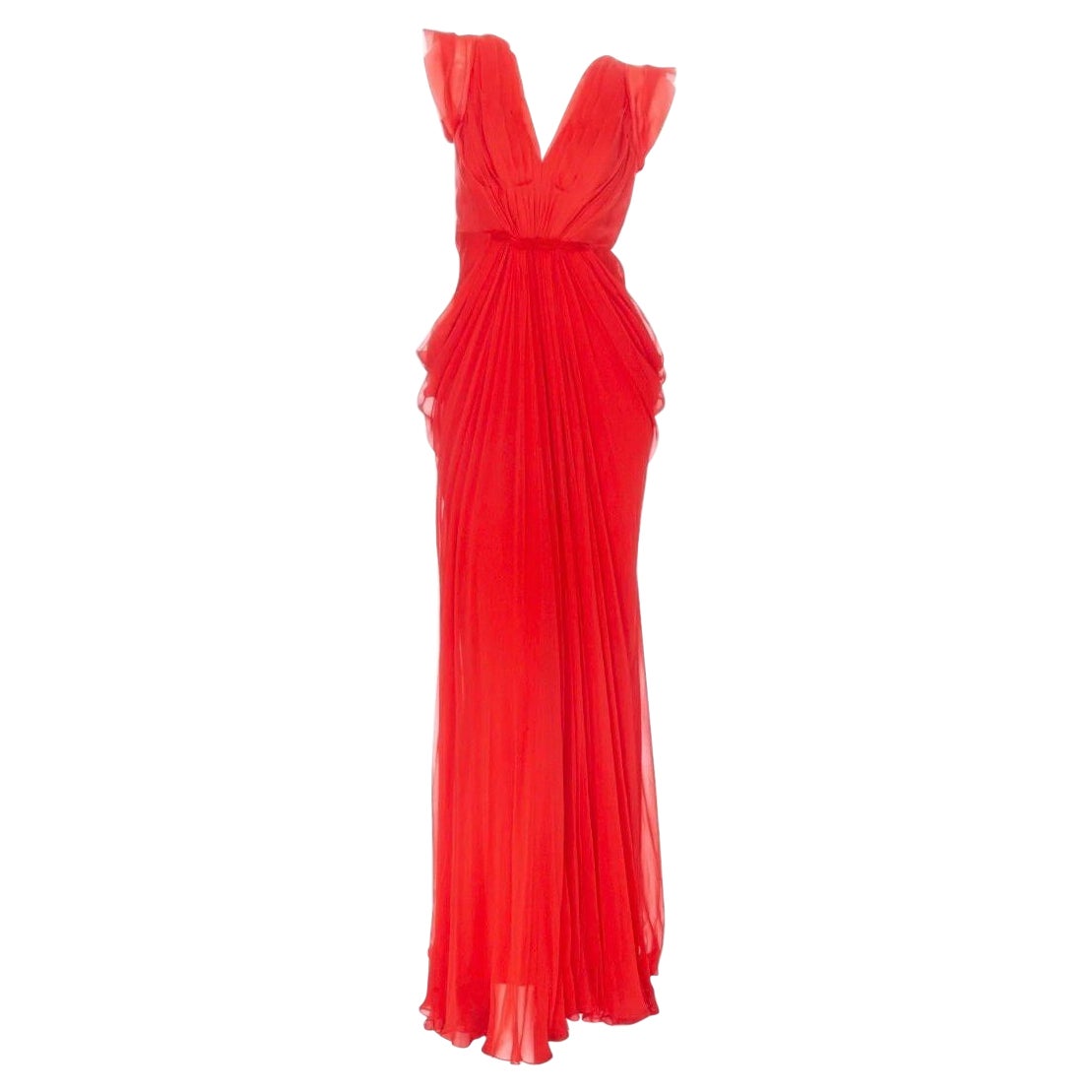 J. Mendel Red Silk Chiffon Pleated V-Neck Evening Dress  For Sale