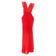 J. Mendel Red Silk Chiffon Pleated V-Neck Evening Dress (Robe de soirée en mousseline de soie plissée à col en V) 