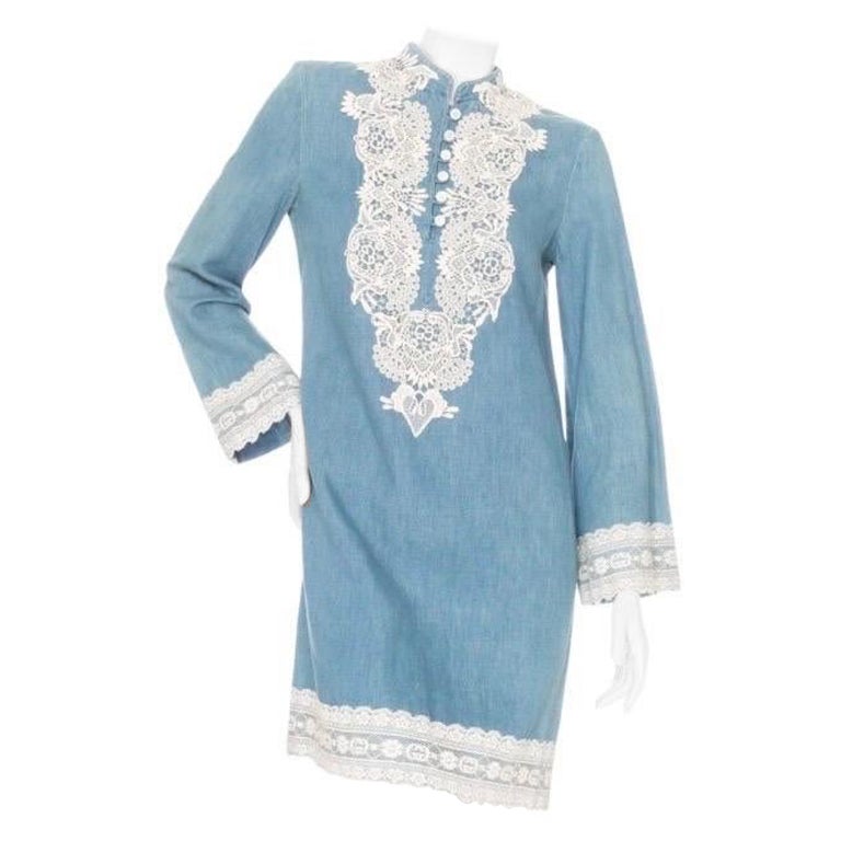 Gucci - Robe tunique en chambray de coton et lin et dentelle - Bleu  en vente