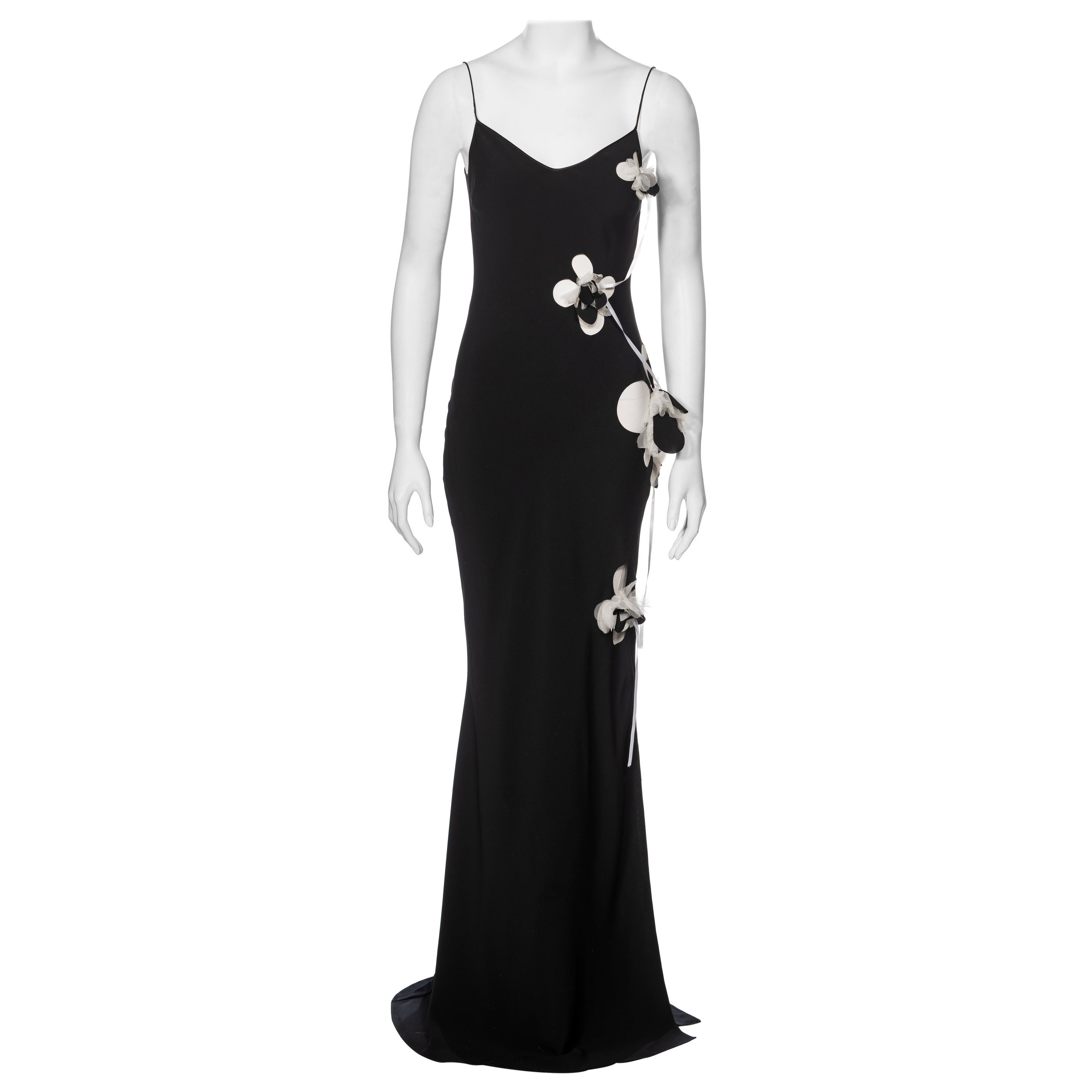 John Galliano Black Silk Slip Dress with Floral Appliqués and Ribbons, FW 2001 For Sale