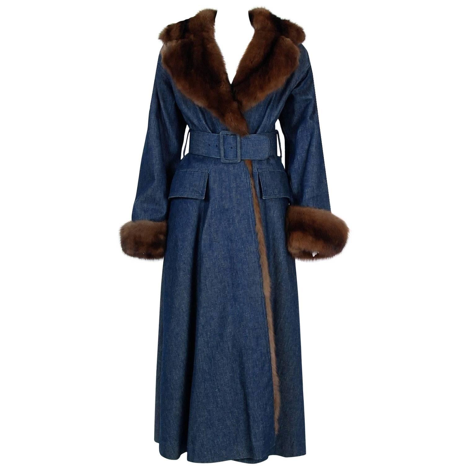 1970'S Galanos Couture Russian Sable-Fur & Denim Belted Maxi Princess Coat 