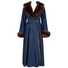 Retro 1970'S Galanos Couture Russian Sable-Fur & Denim Belted Maxi Princess Coat 