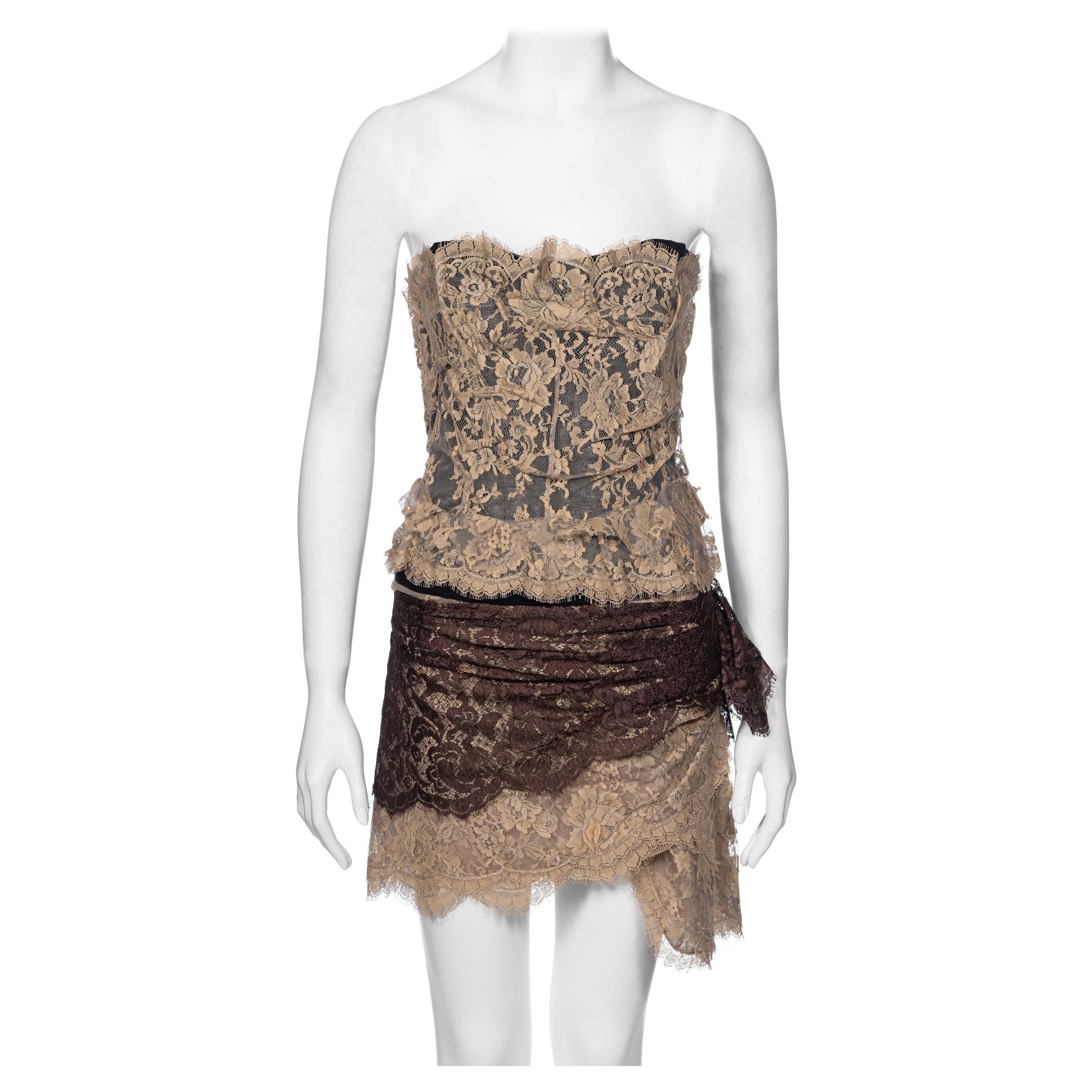 Dolce & Gabbana Cream and Brown Lace Corset and Mini Skirt Set, SS 2005 For Sale