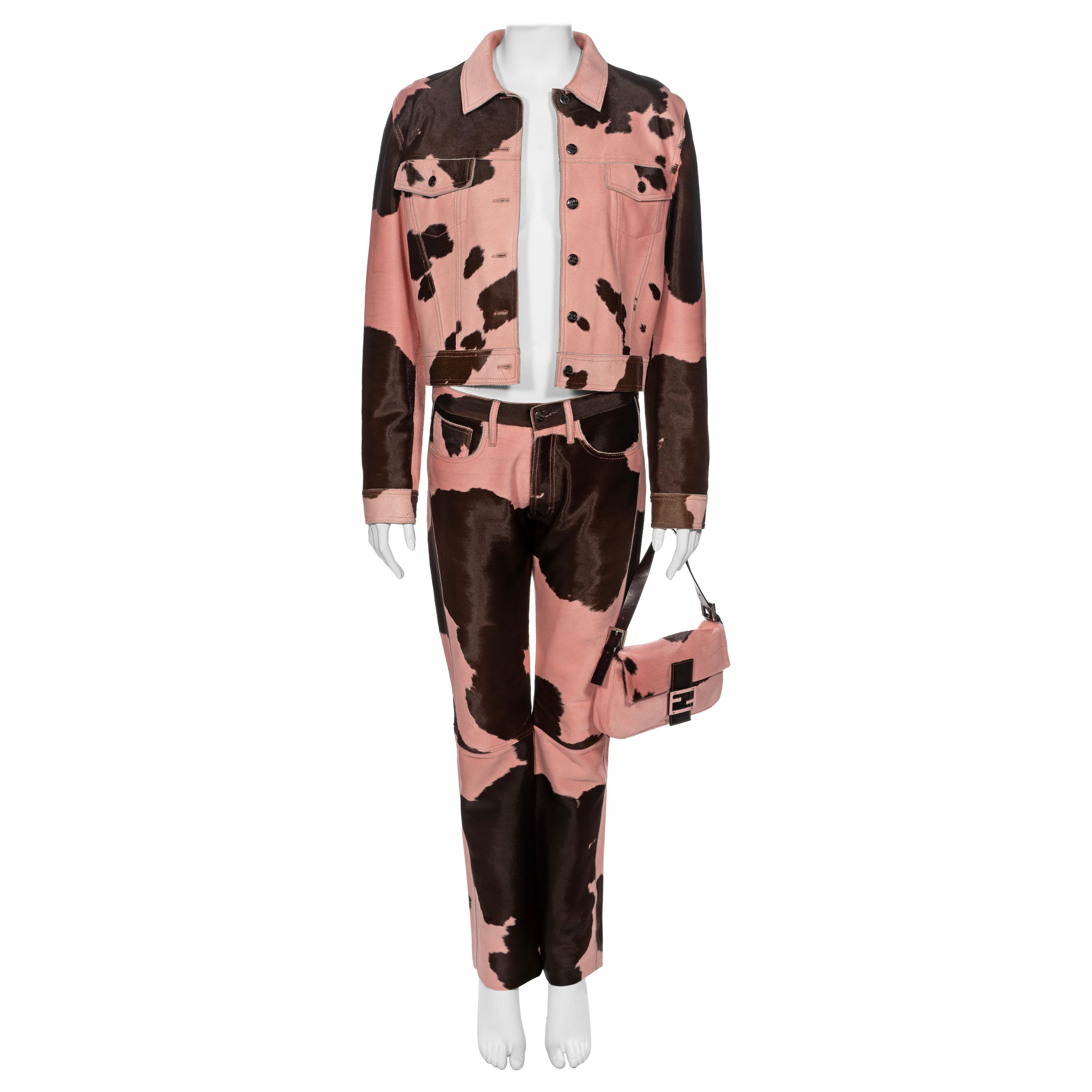 Fendi by Karl Lagerfeld Pink Cowhide Jacket, Pants and Baguette Bag Set, FW 1999 For Sale