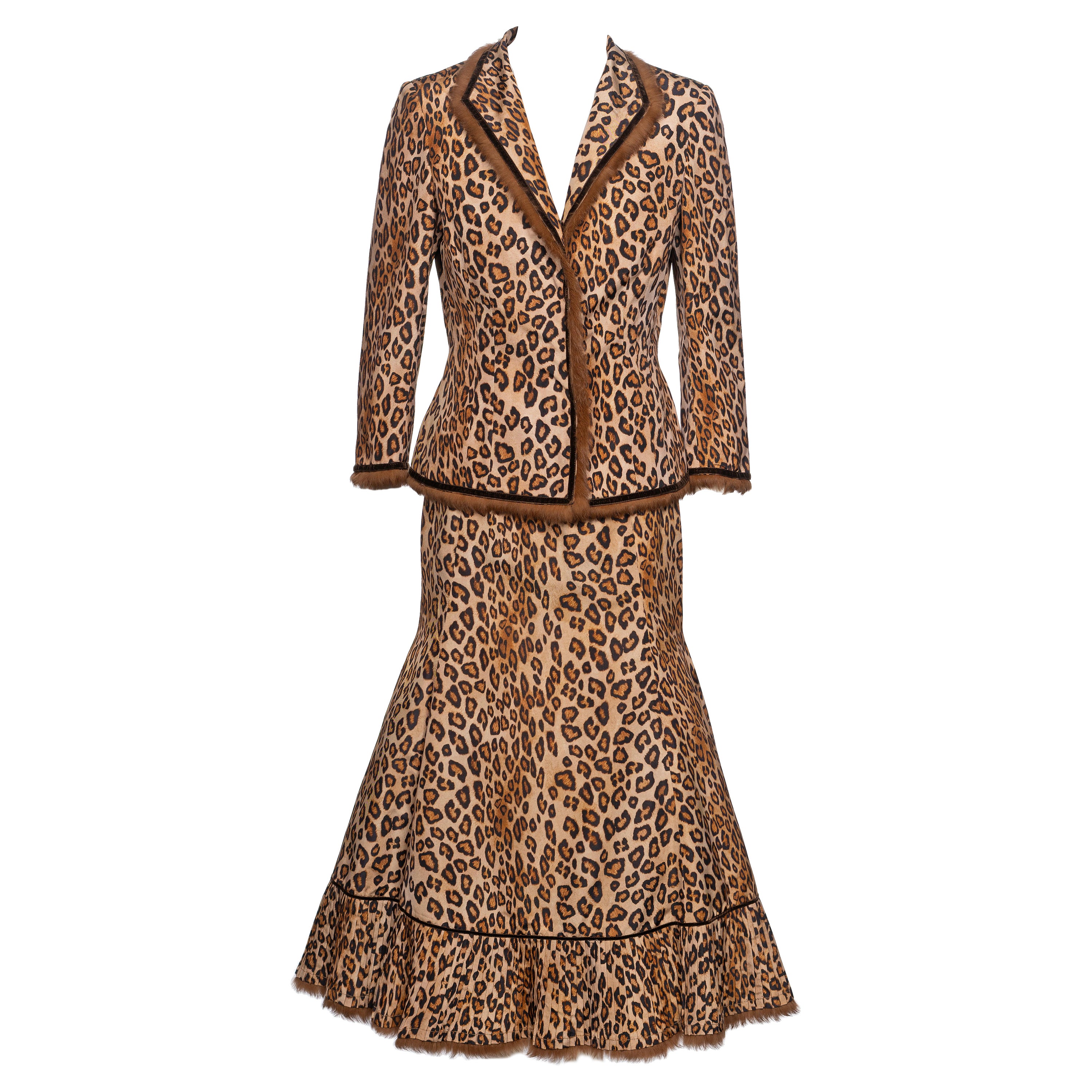 Alexander McQueen Leopard Print Silk and Fur Jacket and Skirt Suit, FW 2005 For Sale