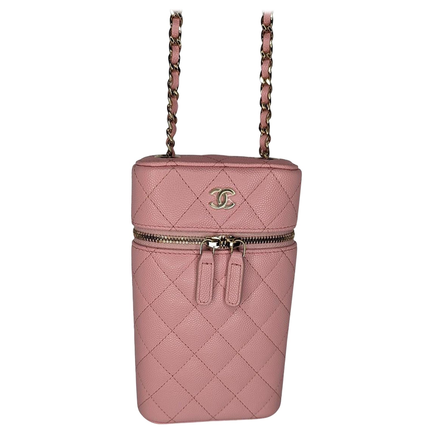 Chanel Rose Quilted Caviar Vanity O-Phone Holder With Chain For Sale