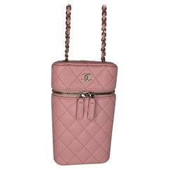 Chanel Rose gesteppter Kaviar-Schminktisch-O-Phone-Halter mit Kette