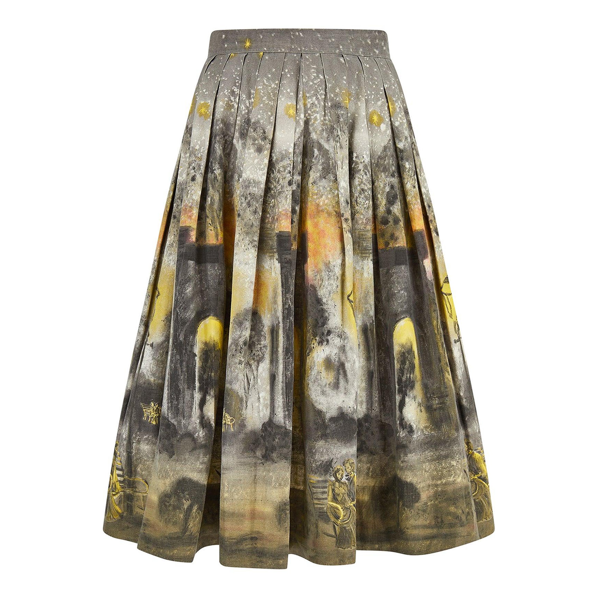 1950s Box Pleat Novelty Print Night Scene Skirt (Jupe de scène de nuit imprimée) en vente