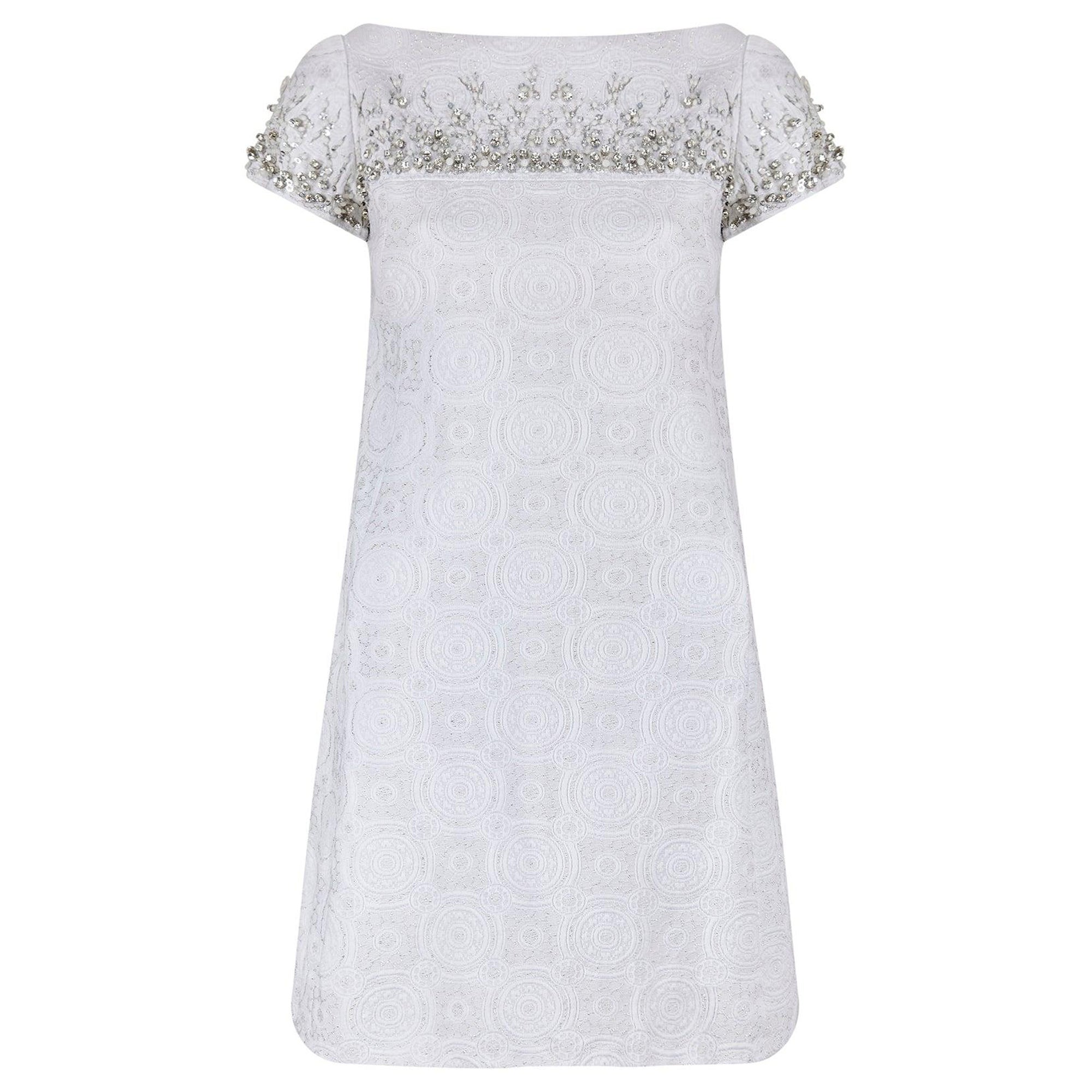 1960s Malcolm Starr Diamante White and Silver Weave Dress For Sale