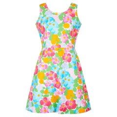 Retro 1960s Textured Cotton Bright Floral Print A-Line Dress