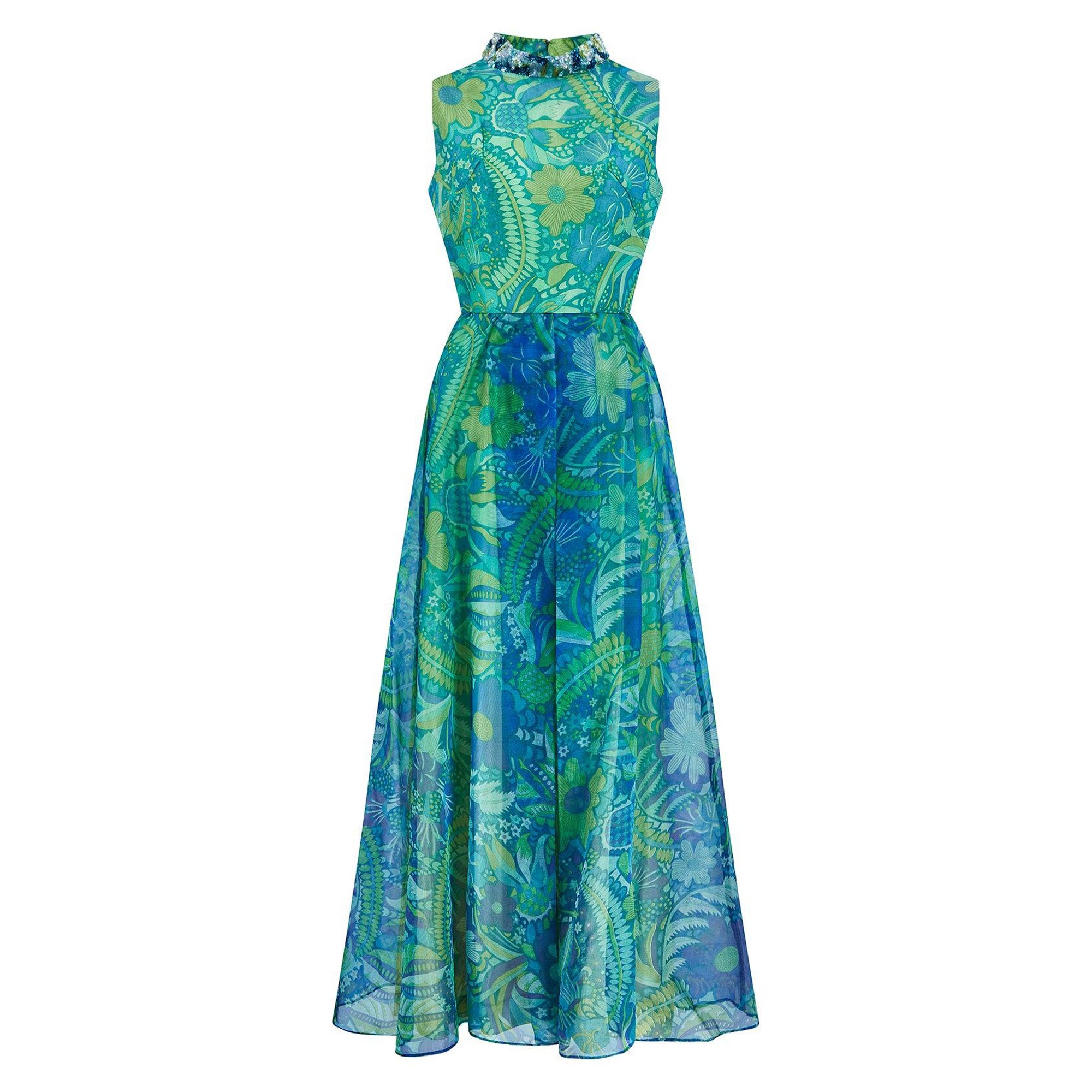 1960s Polmarks Green and Blue Sequinned Georgette Floral Jumpsuit For Sale