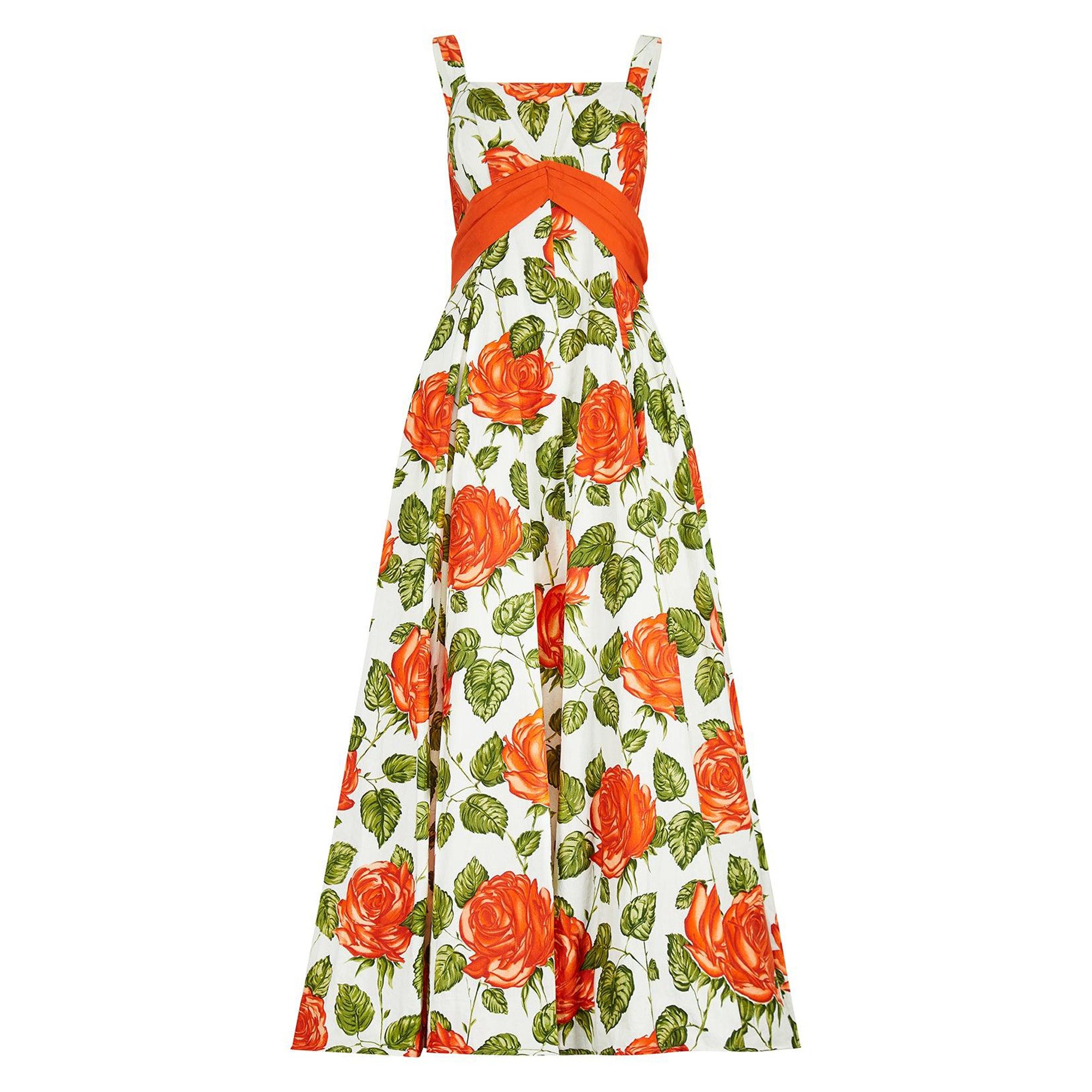 1950s Jonelle Orange Rose Print Cotton Maxi Dress For Sale