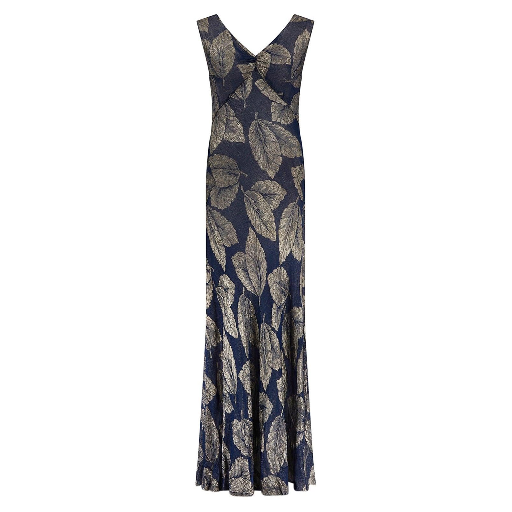 1930s Blue and Gold Leaf Print Lame Dress For Sale