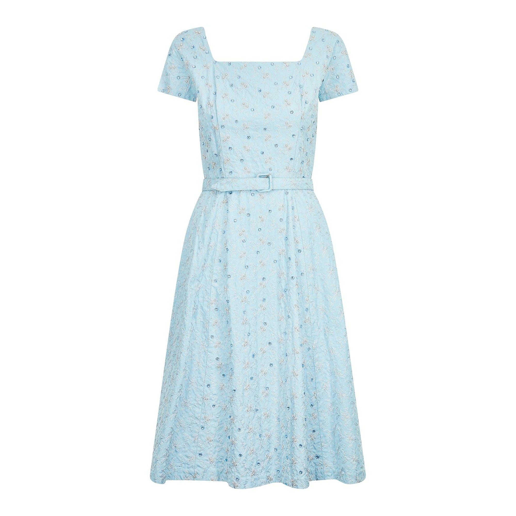 1950s Blue Floral Embroidered and Crystal Full Skirt Dress For Sale