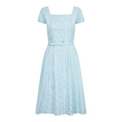 Vintage 1950s Blue Floral Embroidered and Crystal Full Skirt Dress