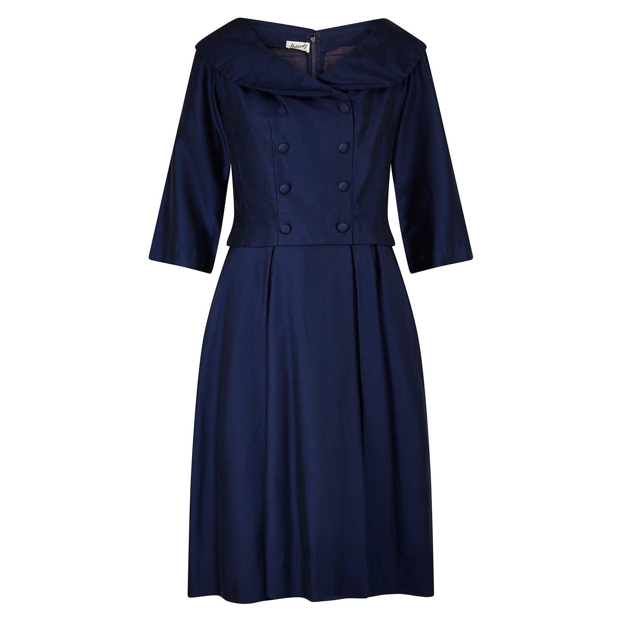 1950er Harrods Marineblaues doppelreihiges Kleid im Angebot