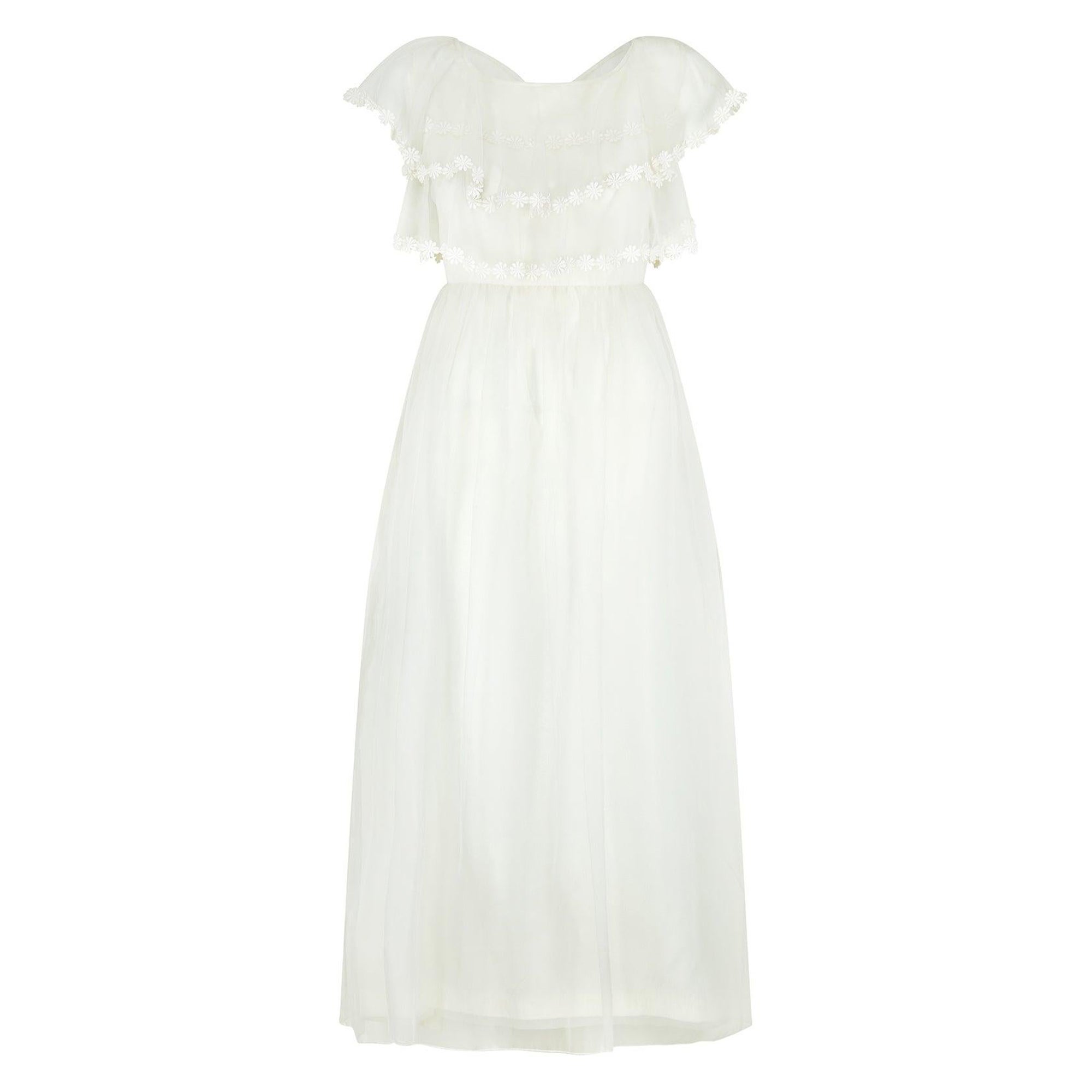 1960s Georgette Wedding Dress with Daisy Lace Trim For Sale
