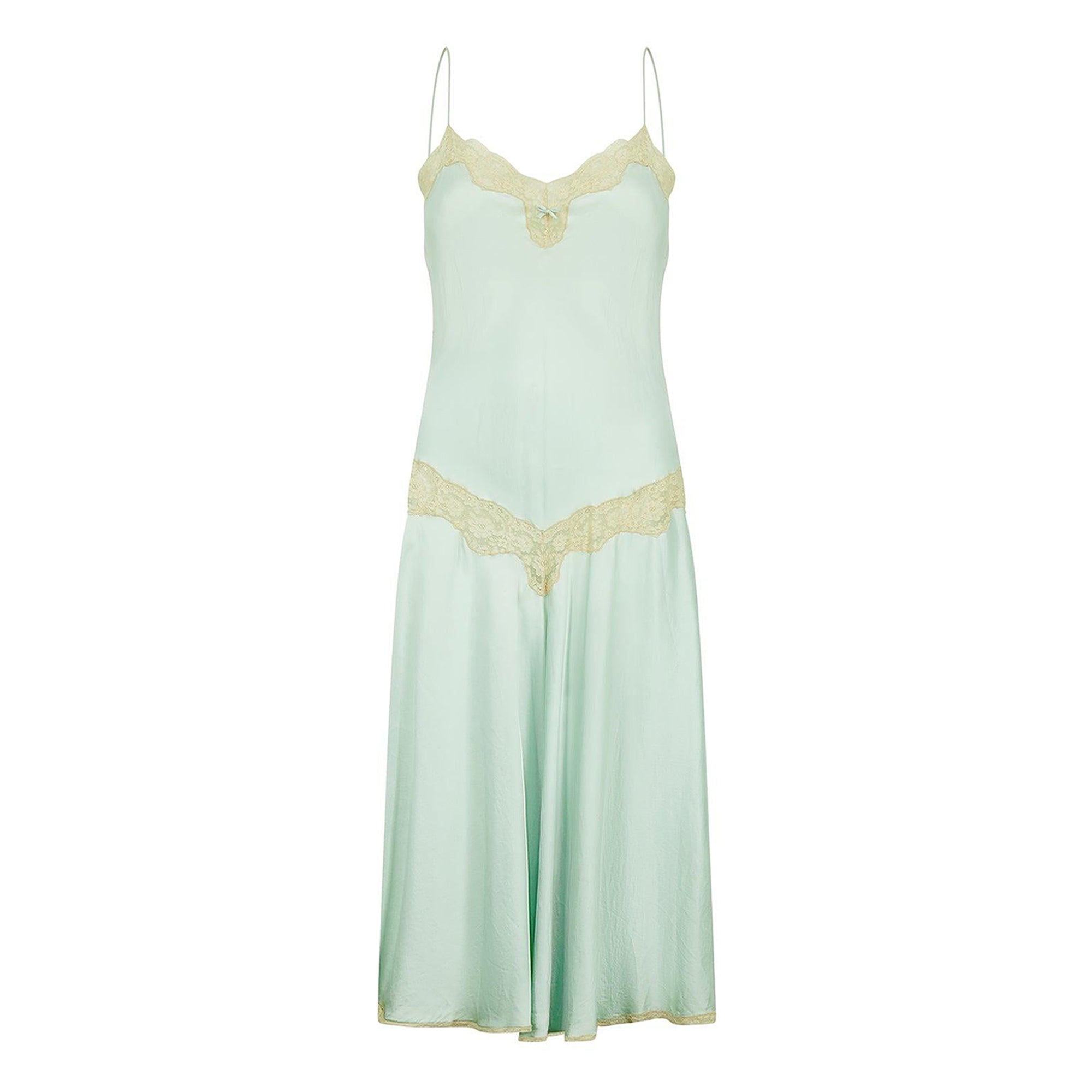 1980s Jenny Dobell Seafoam Green and Lace Slip Dress For Sale