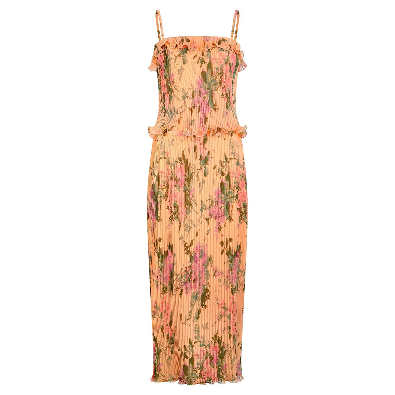 1970s Peach Accordion Pleat Floral Print Maxi Dress For Sale