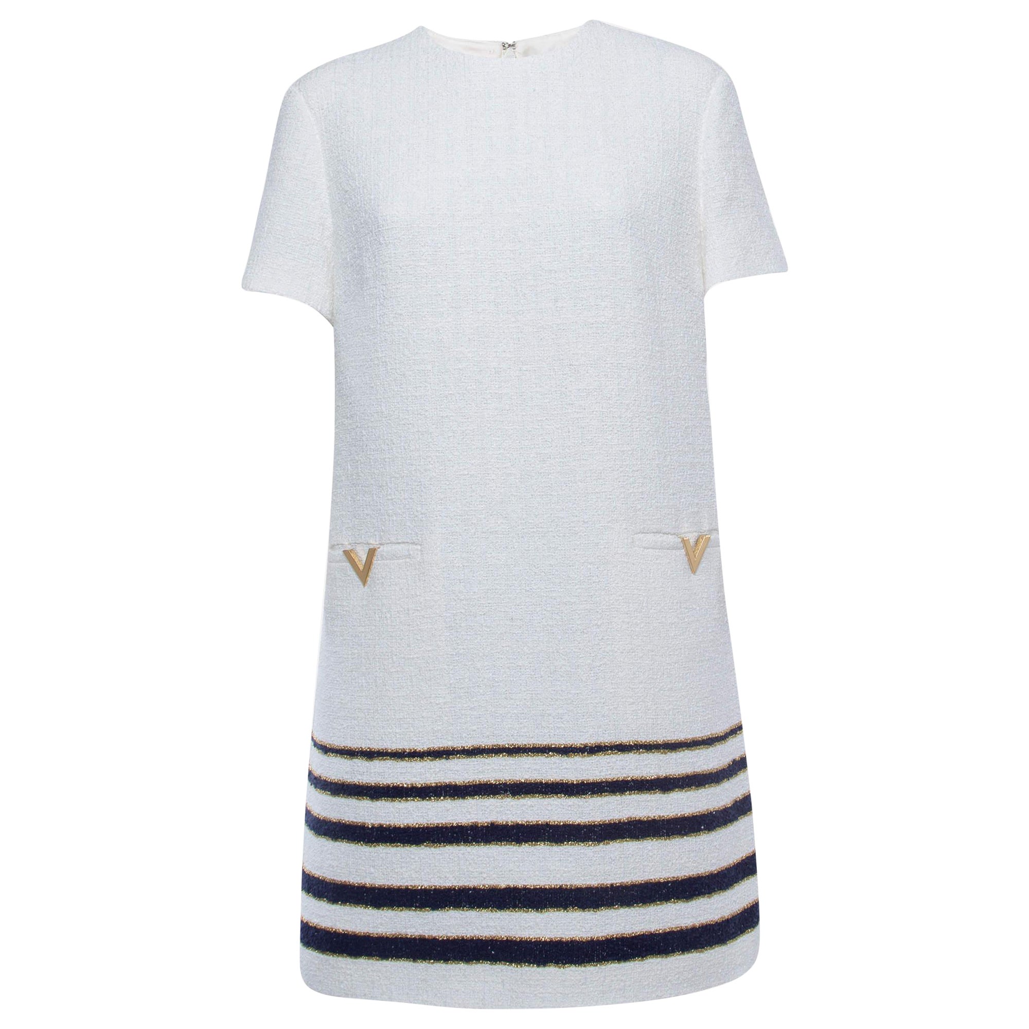 Valentino White/Blue Striped Patterned Tweed Shift Dress XL For Sale