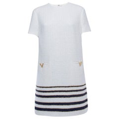 Used Valentino White/Blue Striped Patterned Tweed Shift Dress XL