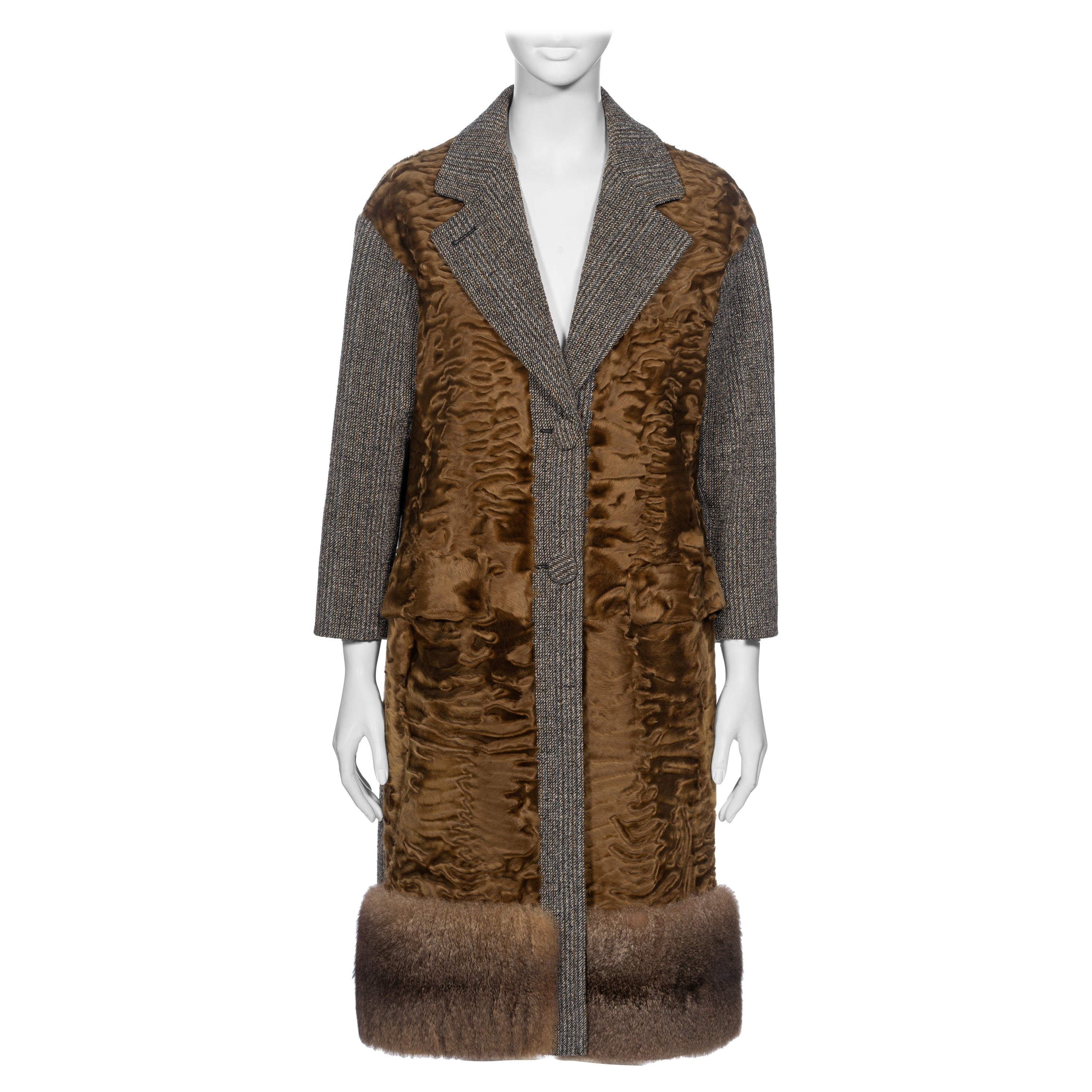 Prada by Miuccia Prada Grey and Brown Wool, Lamb and Possum Fur Coat, FW 2016 For Sale