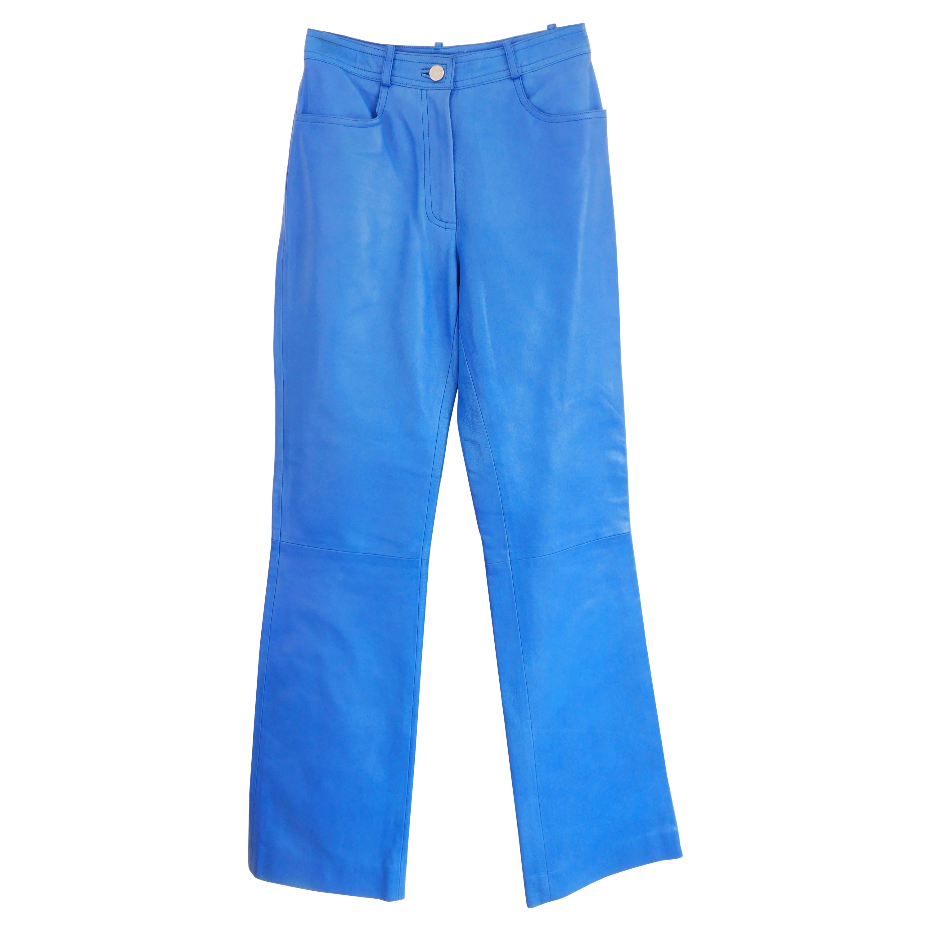 Pantalon en cuir bleu céruléen de Celine printemps 2000 en vente