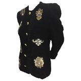 Giacca da sera anni '80 in velluto nero increspato con medaglioni applicati di paillettes e perline