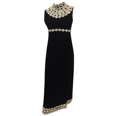 1960s Lillie Rubin Black Velvet "Cleopatra" Column Gown w Jeweled Collar