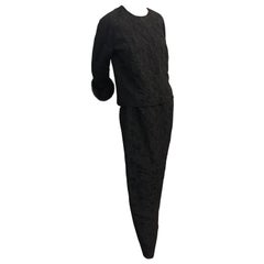 1960s Saks 2-Piece Black Silk Brocade Evening Column w Black Mink Cuffs